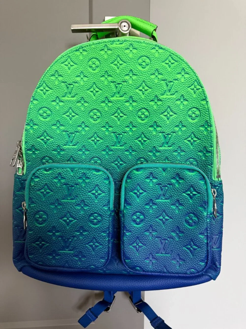 Virgil Abloh Blue and Neon Green Gradient  Taurillon Multipocket Backpack